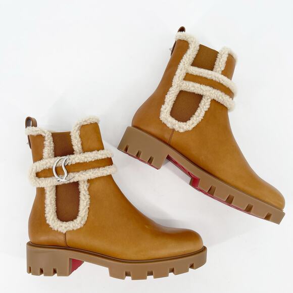 Christian Louboutin Tan Beige CL Chelsea Booty Lug Shearling Ankle Boots EU 39.5 - Picture 4 of 14